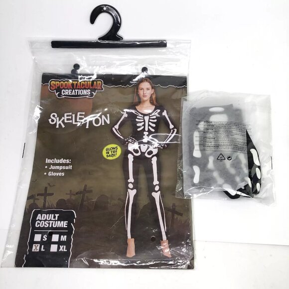 Spooktacular Creations Halloween Costume L Skeleton Jumpsuit Gloves Glow In Dark - Picture 10 of 11